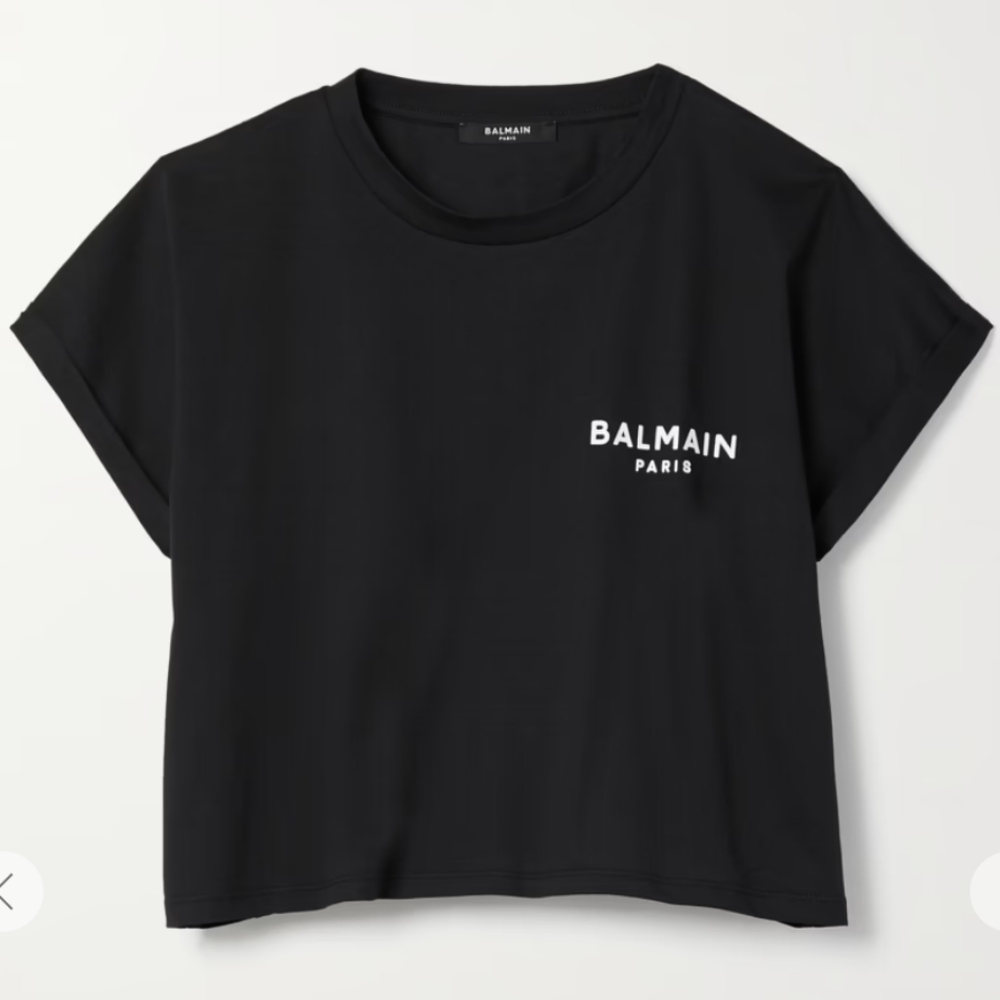 BALMAIN Cropped flocked cotton-jersey T-shirt SZS